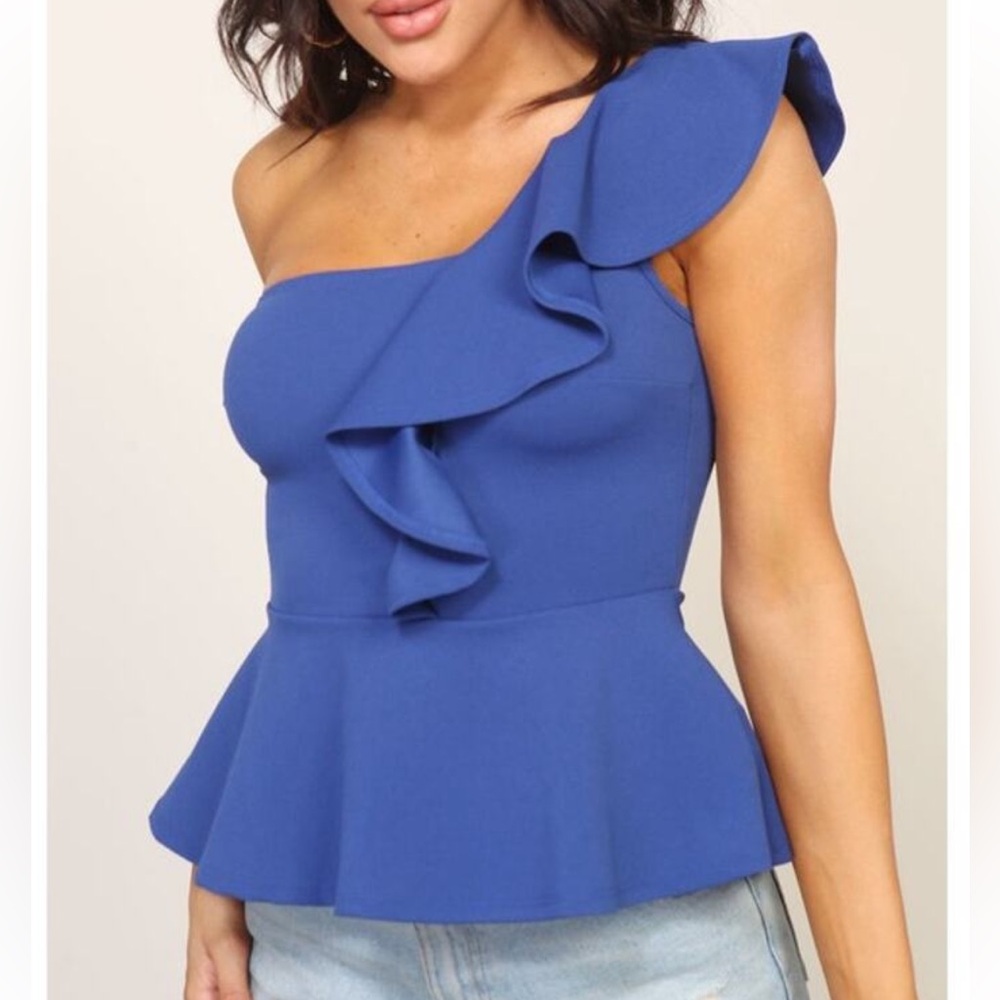 One-Shoulder Ruffle Top Blue Size Large New